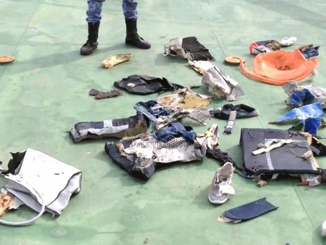 This picture shows debris that the search teams found in the sea after the EgyptAir Airbus A320 crashed in the Mediterranean. Picture: AFP.