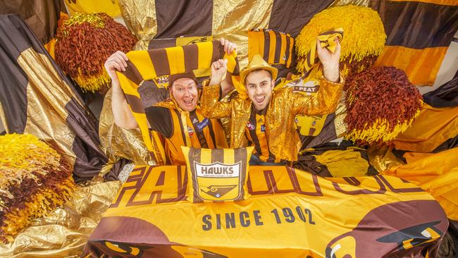 Patrick Daly and Justin Barnes are on the official cheer squad for Hawks. Picture: Rob Leeson