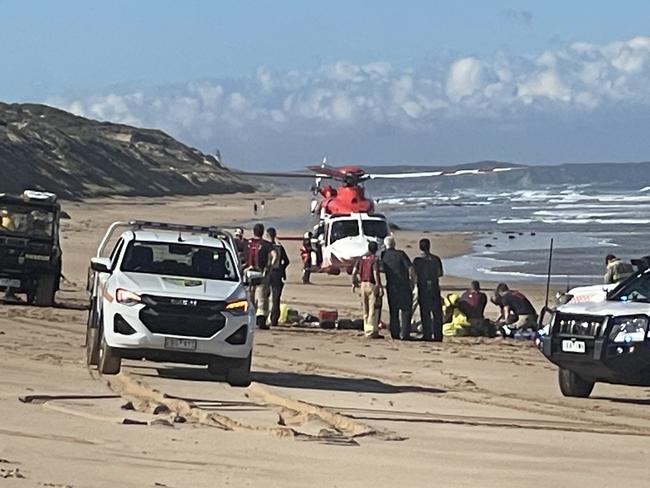 A man and a woman were flown to Royal Melbourne Hospital with serious injuries. Another man, also suffering serious injuries, was transported to Geelong University Hospital by ambulance. Picture: Alan Barber/Geelong Advertiser/ NewsWire