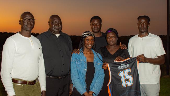 Alier Riak’s uncle Abraham Akuot, father James Riak, girlfriend Aluet Machar, brother Kuol Riak, mother Elizabeth Malek and brother Ajak Riak at Crocodylus Park. Picture: Ben Thompson/Darwin Salties.