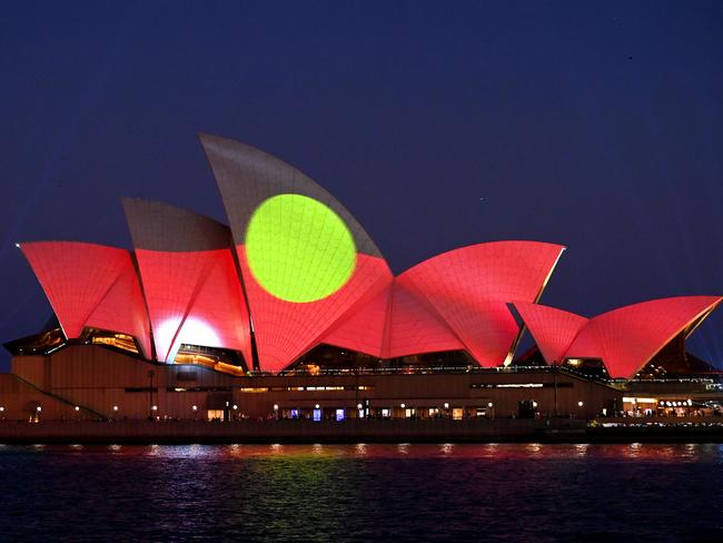 The Sydney Opera House is lit with the Aboriginal flag as a preview for tomorrowÃs Australia Day . Picture:  Jeremy Piper