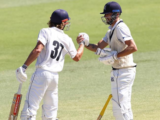 PERTH, AUSTRALIA - MARCH 17: Campbell Kellaway and Matt Short of Victoria celebrate winning the Sheffield Shield match between Western Australia and Victoria at the WACA, on March 17, 2023, in Perth, Australia. (Photo by Paul Kane/Getty Images)