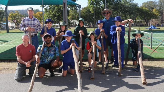 DIDGERIDOO WORKSHOPS: Alex Murchison with students and teachers from Eidsvold State School participating in his workshop. Picture: Contributed