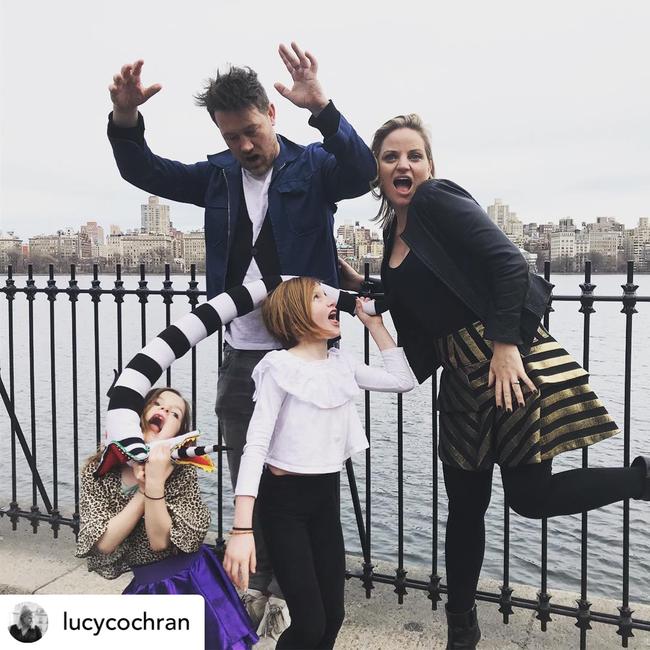 Eddie Perfect with his family in New York City the day after his musical Beetlejuice opened. Picture: Supplied