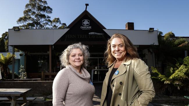 Members of Tasmania's newest political party, The Local Part, Leanne Minshull and Anna Bateman out the front of The Fern Tree Tavern which they are using as their party HQ. Picture: Zak Simmonds