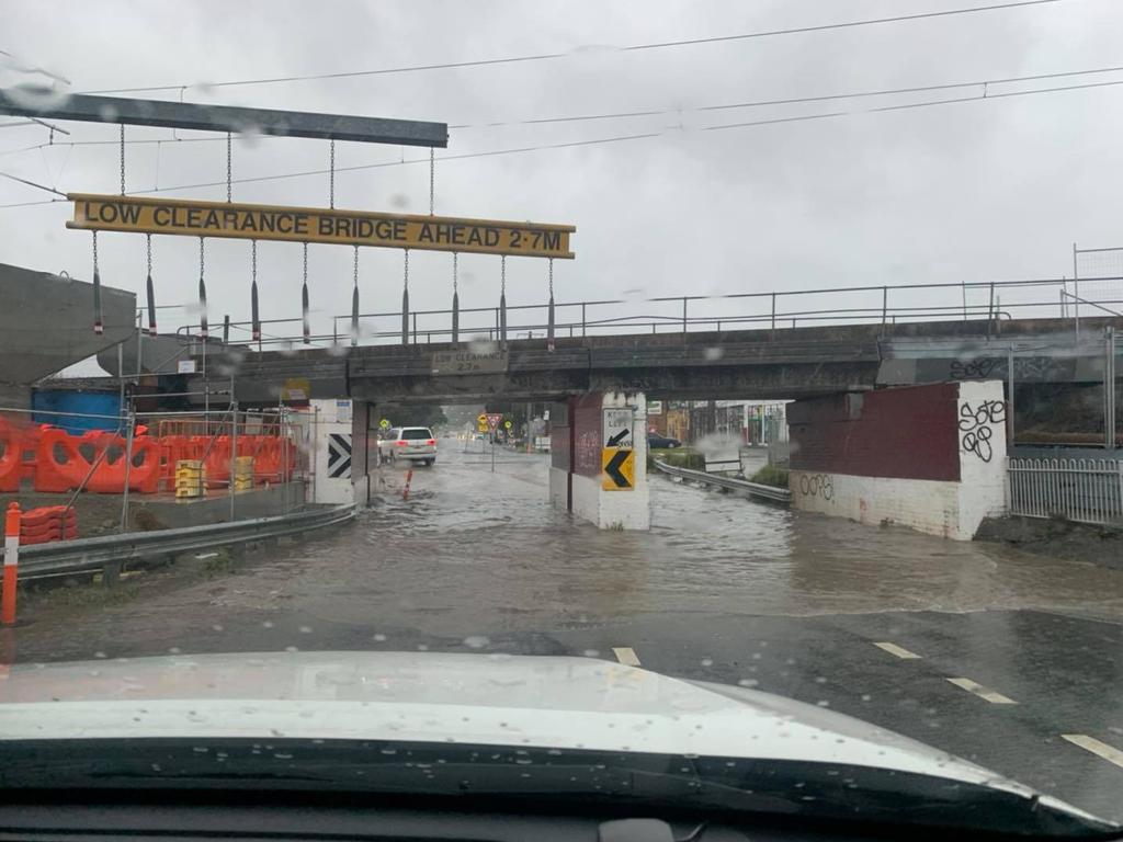 John Street in Lilydale beneath the rail bridge was closed due to flooding. Picture: Facebook