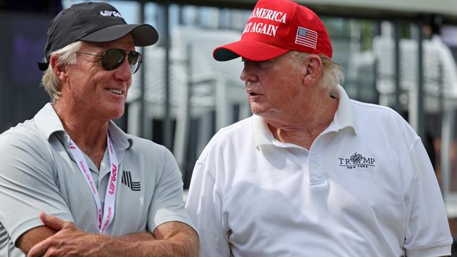 Greg Norman with former US President Donald Trump during the pro-am before the LIV Golf Invitational in Bedminster, New Jersey.