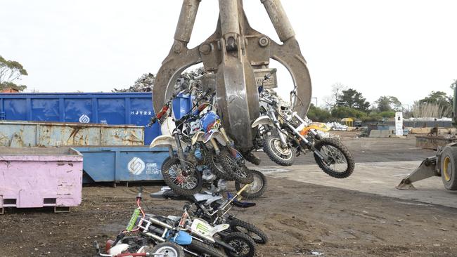 Monkey bike crushing at a Sims facility. Picture: Lawrence Pinder