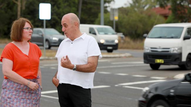 Parramatta councillors Donna Davis and Pierre Esber at the Dundas intersection they want fixed. Picture: Angelo Velardo