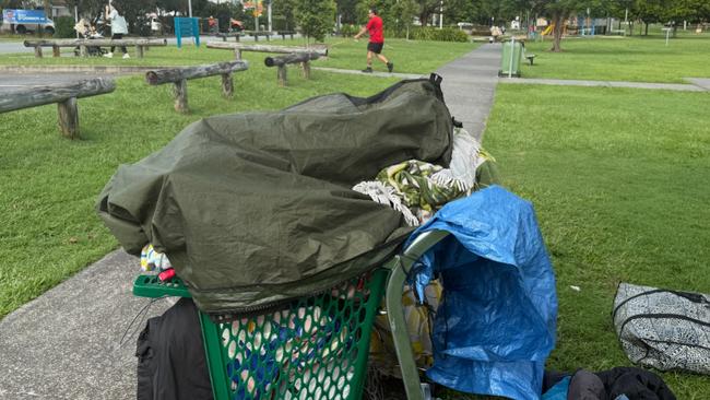 A homeless woman has moved to Norm Rix Park opposite the electorate office of Housing Minister Sam O'Connor. His signage can be seen at top left.