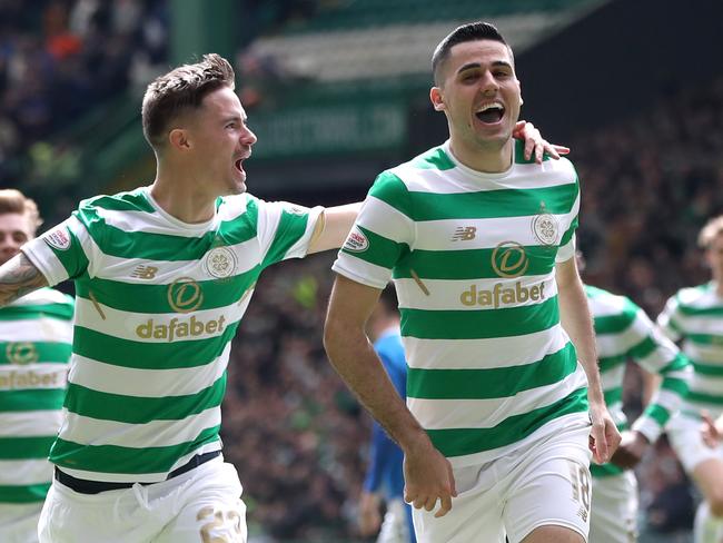 Rogic celebrates after scoring Celtic’s fourth goal against Rangers. Pic: Getty