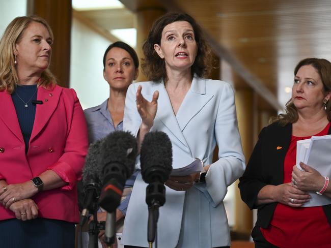 CANBERRA, AUSTRALIA, NewsWire Photos - NOVEMBER 28, 2023:  Kylea Tink, Sophie Scamps, Allegra Spender, Kate Cheney and other Teal independents hold a press conference at Parliament House in Canberra. Picture: NCA NewsWire / Martin Ollman