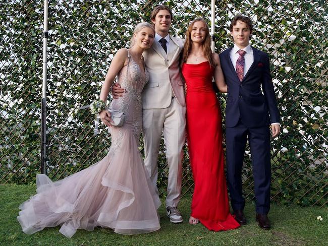 Amali Brett, Jaxon Tulk, Joey Taylor and Johnathon Heatley arriving at the Proserpine State High School Year 12 Formal held at the Whitsunday Marine Club on Wednesday, November 16, 2022.