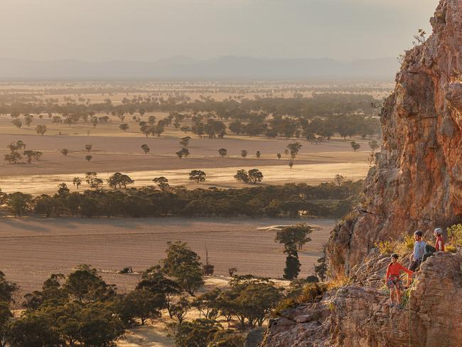 Natimuk / Mount Arapiles, Victoria - January 10, 2025: The town of Natimuk faces catastrophe if Mount Arapiles climbing ban goes forward. From right, Madi Russell, Ben Shepherd and  Melissa Edwards after climbing Muldoon.Picture: The Australian / Nadir Kinani