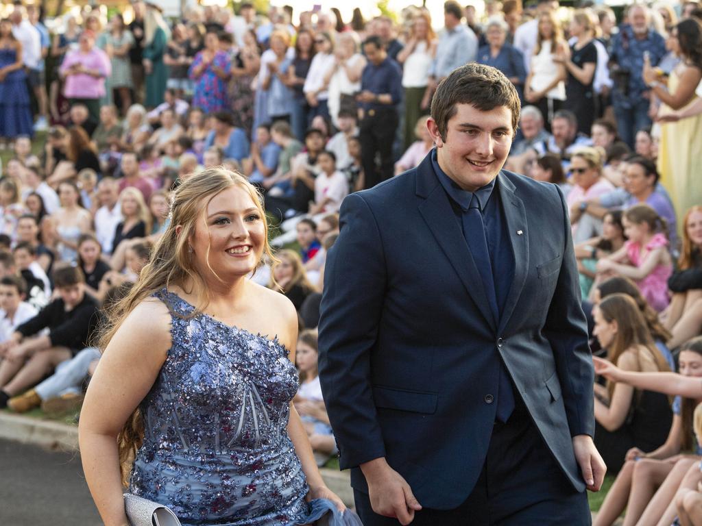 Graduates Kaylee Balderson and Thomas Fagan arrive at Mary MacKillop Catholic College formal at Highfields Cultural Centre, Thursday, November 14, 2024. Picture: Kevin Farmer