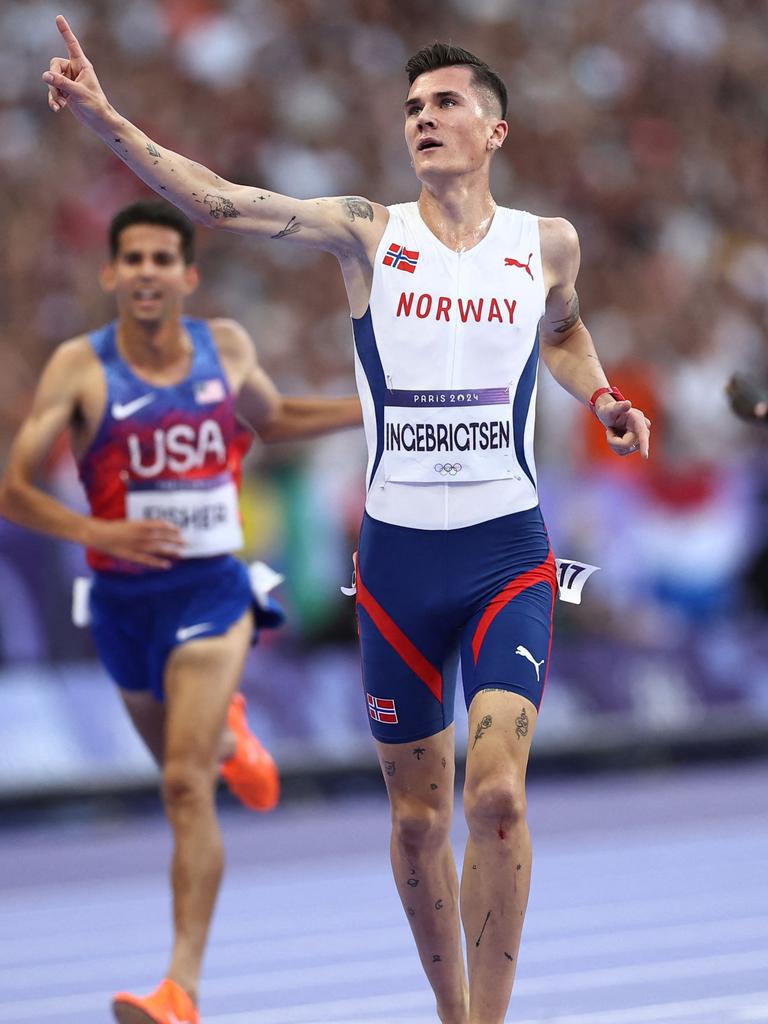 Norway's Jakob Ingebrigtsen crosses the finish line in the men's 5000m final. Picture: Anne-Christine Poujoulat / AFP