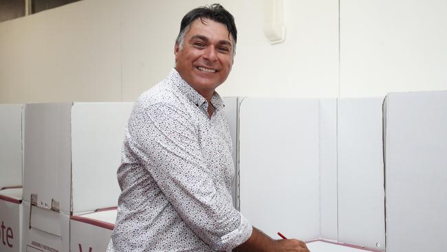 LNP candidate for Cairns Sam Marino casts his vote in the 2020 Queensland election at the Queensland Electoral Commission's pre-polling booth at the Cairns Showground. Picture: Brendan Radke