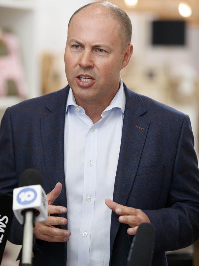 Federal Treasurer Josh Frydenberg speaking at a press conference at The Family Love Tree store in Prahran, Melbourne. Picture: NCA NewsWire / David Geraghty