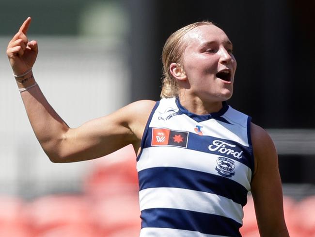 GOLD COAST, AUSTRALIA - SEPTEMBER 21: Zali Friswell of the Cats celebrates a goal during the 2024 AFLW Round 04 match between the Gold Coast SUNS and the Geelong Cats at People First Stadium on September 21, 2024 in Gold Coast, Australia. (Photo by Russell Freeman/AFL Photos via Getty Images)