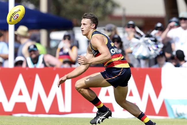 Crows defender Tom Doedee attacks the football against Port Adelaide at Port Pirie. Picture SARAH REED