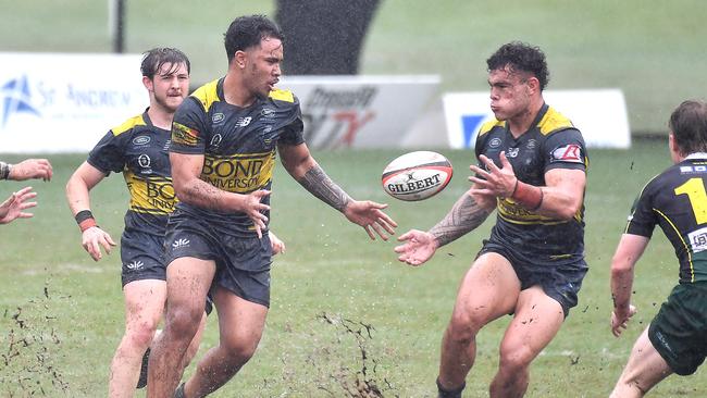 Bond players Zalyrius Patelesio-Faamausili and Carsen Patu Rugby colts 1 West's vs Bond Uni in Toowong. Saturday May 14, 2022. Picture, John Gass