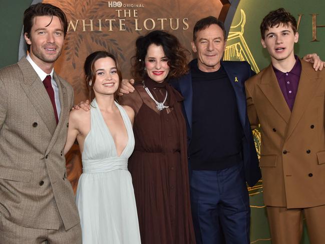 Patrick Schwarzenegger, Sarah Catherine Hook, Parker Posey, Jason Isaacs and Sam Nivola at the season three premiere of The White Lotus in Los Angeles this week. Picture: AFP