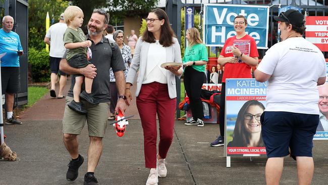 Labor candidate for Kiama Katelin McInerney, husband Brian Fearnley and son William (2) after voting at Mount Terry Public School for the NSW State Election. Jane Dempster/Daily Telegraph.