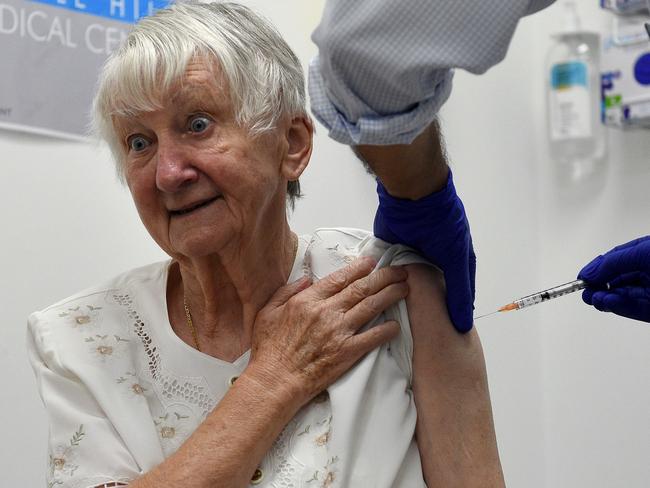 SYDNEY, AUSTRALIA - NewsWire Photos MARCH, 14, 2021: Aged care resident Jane Malysiak is seen receiving her second and final COVID-19 vaccination shot at the Castle Hill Medical Centre, in Sydney. Picture: NCA NewsWire/Bianca De Marchi