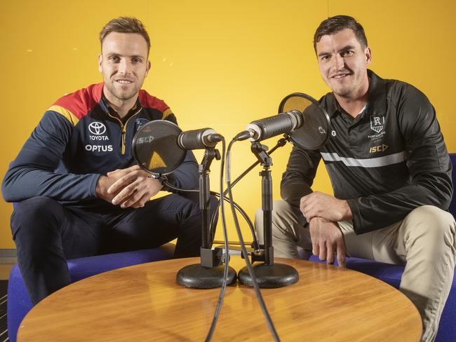 New Lowdown podcast team of Brodie Smith from the Adelaide Crows and Tom Rockliff from Port Adelaide at the Advertiser, 3 March 2020. Picture Simon Cross