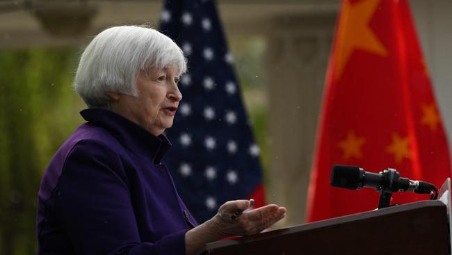 US Treasury Secretary Janet Yellen attends a press conference at US Ambassador’s residence in Beijing. Picture: Pedro Pardo/AFP