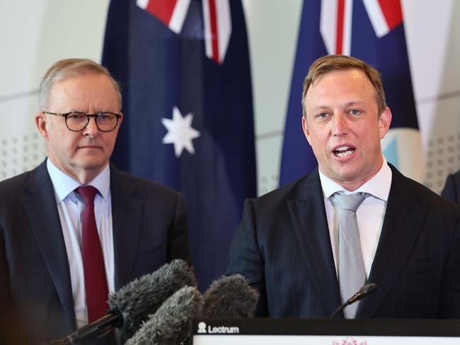 BRISBANE, AUSTRALIA - NewsWire Photos APRIL 30, 2024: Prime Minister Anthony Albanese, Queensland Premier Steven Miles and Minister for Industry and Science Ed Husic during a press conference in Brisbane. Picture: NCA NewsWire/Tertius Pickard