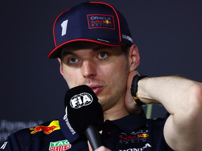 JEDDAH, SAUDI ARABIA - APRIL 20: Second placed Max Verstappen of the Netherlands and Oracle Red Bull Racing in the Drivers Press Conference during the F1 Grand Prix of Saudi Arabia at Jeddah Corniche Circuit on April 20, 2025 in Jeddah, Saudi Arabia. (Photo by Clive Rose/Getty Images)