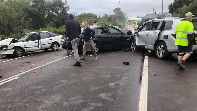 Five people have been injured, including a cyclist, in a multi-vehicle crash at The Entrance North this morning. Picture: Alexa Saggers