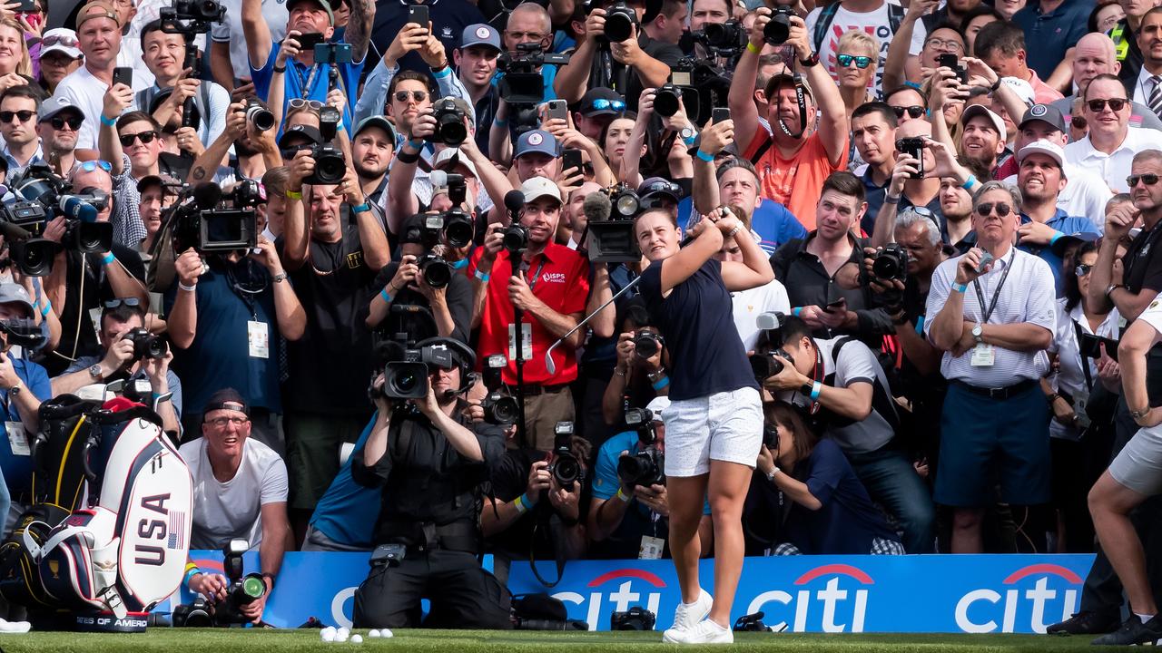 Ash Barty takes a shot at the target in the middle of the Yarra River during The Presidents Cup official launch. Photo by Speed Media/Icon Sportswire via Getty Images