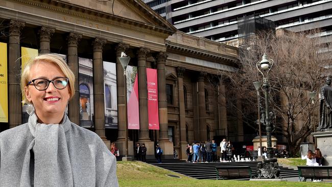 Melbourne Lord Mayor Sally Capp outside the State Library. Picture: Nicole Garmston.