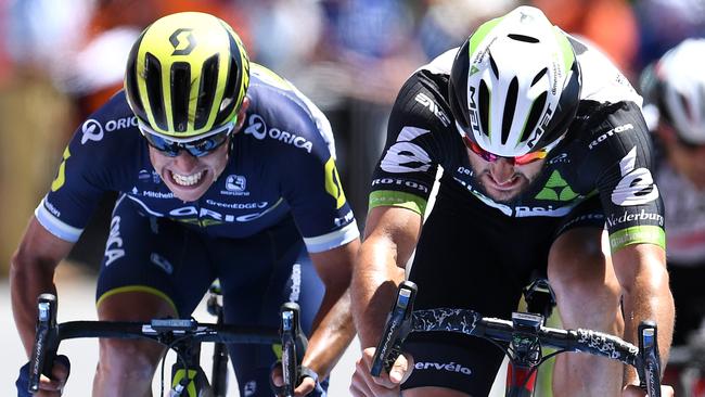 Nathan Haas of Dimension Data (right) edges out Esteban Chaves of Orica-Scott to take second place in Stage 5 of the Tour Down Under. Picture: Dan Peled (AAP)