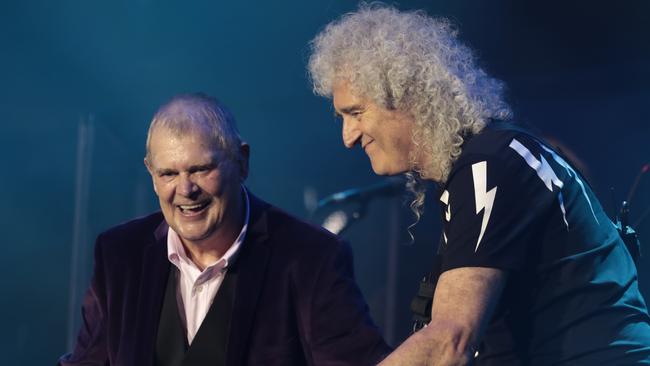 John Farnham’s last public performance was with Brian May of Queen at Fire Fight Australia in February 2020. Picture: Getty Images