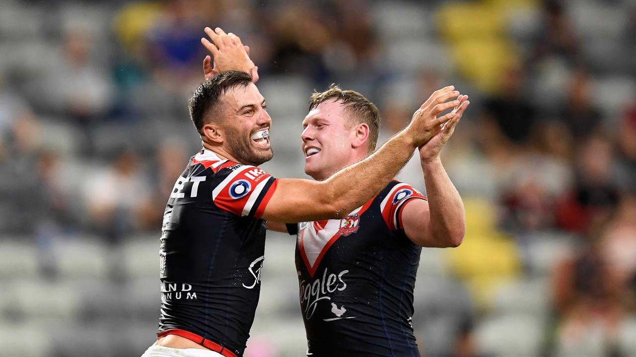 Tedesco celebrates with five-eighth Drew Hutchinson. Picture: Getty