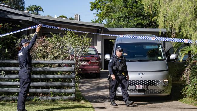 The body of an alleged murder victim is driven from a house in White Rock, a suburb of Cairns, on May 10th. Picture: NCA NewsWire / Brian Cassey