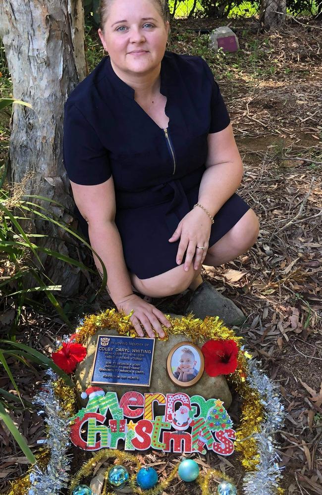 Belinda Whiting at the mmeorial plaque for her son.