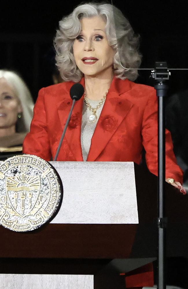 Jane Fonda delivers the 2025 Commencement Speech for the University of Southern California’s Annenberg School in May. Picture: Rodin Eckenroth/Getty Images