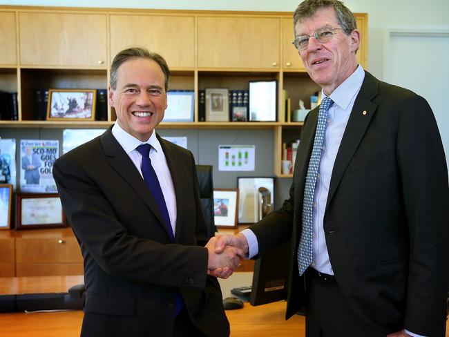 Federal health minister Greg Hunt meeting with Professor Ian Frazer at Parliament House in Canberra. Picture: Kym Smith