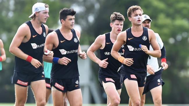 Will Setterfield, Adam Kennedy, Sam Walsh and Lochie O'Brien go for a run at Carlton’s training camp. Picture: Patrick Woods