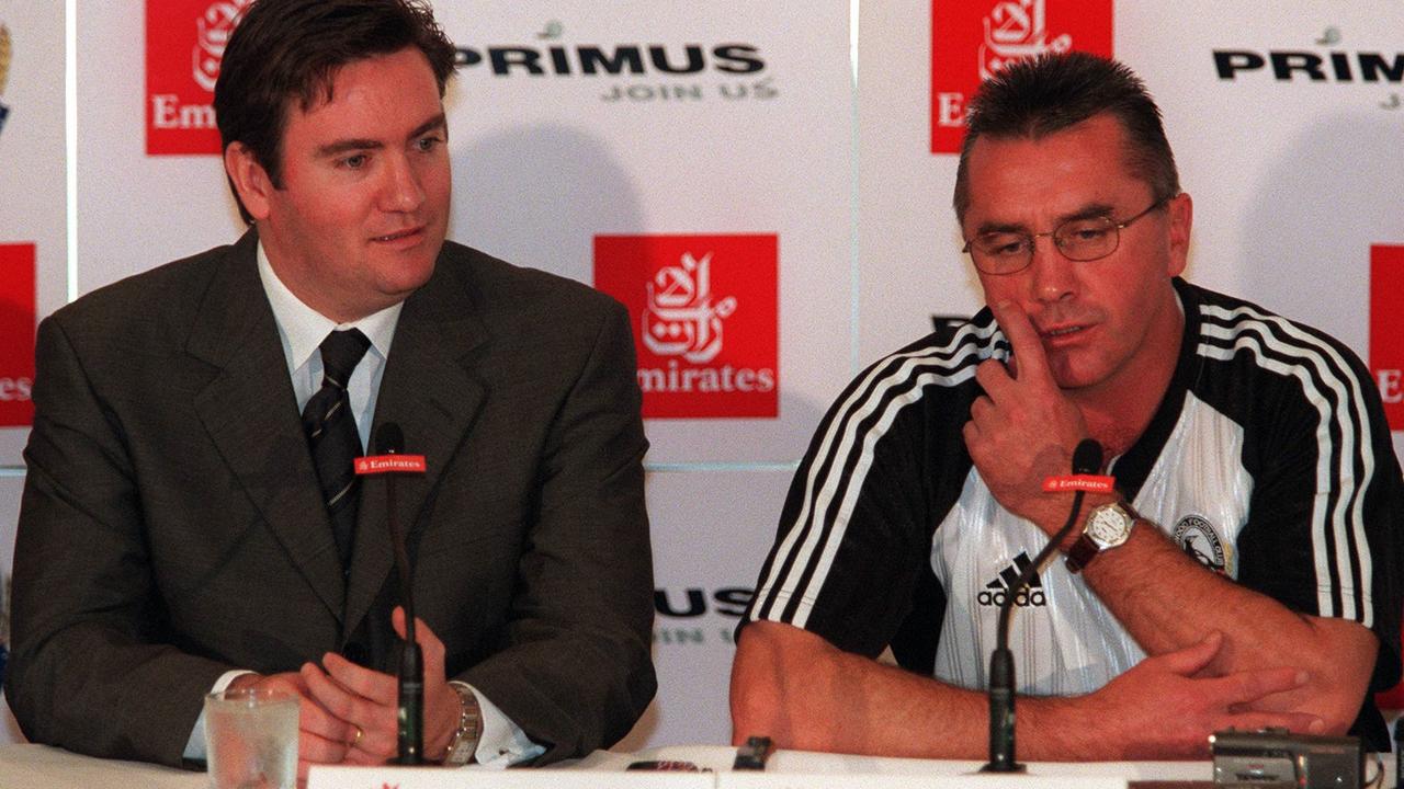 24/06/1999. Coach Tony Shaw (right) announces he will resign at the end of the season from coaching Collingwood. He is with Eddie McGuire.