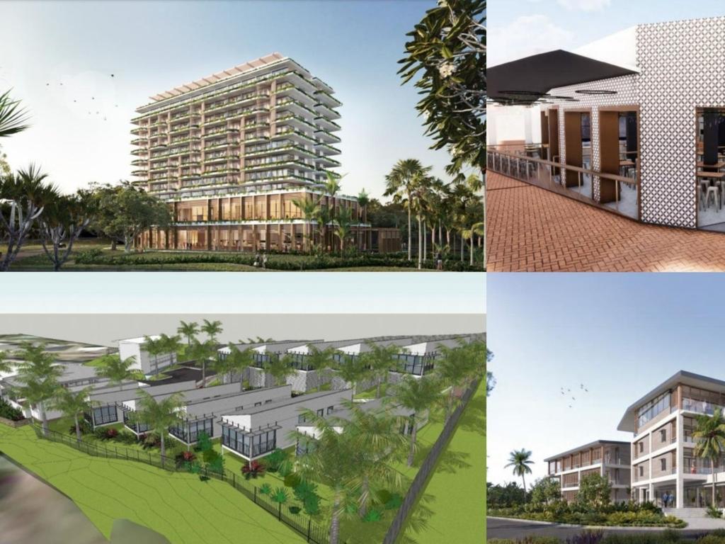 There are several developments on the cards for the Whitsundays. (Clockwise from top, left) Plans for a luxury hotel at Port of Airlie, expansions to the Airlie Beach Hotel, drawings of a second luxury hotel at Port of Airlie, plans for a 10-bungalow holiday park near the Airlie Beach lagoon. Pictures: Supplied.