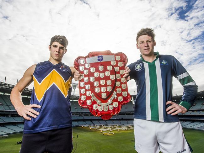 Fellow Melbourne Demons premiership winner Christian Petracca (left) captained Whitefriars in the Herald Sun Shield grand final in 2013 against St Patrick’s College, Ballarat.