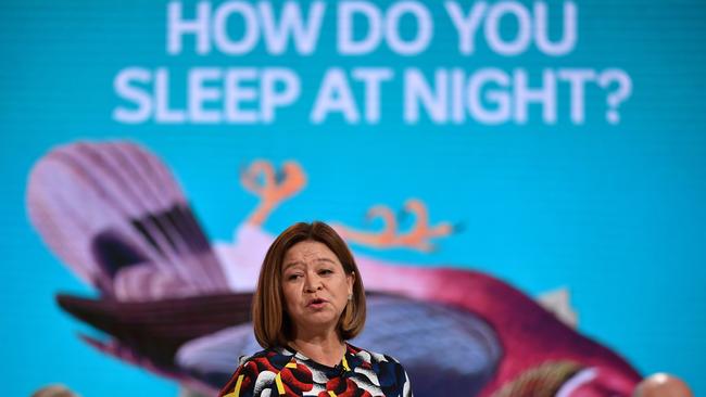 Michelle Guthrie with the backdrop. Picture: AAP