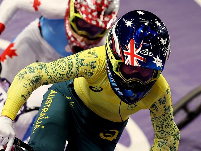 PARIS, FRANCE - AUGUST 01: Saya Sakakibara of Team Australia competes during the Women's Quarterfinals Run 3, Heat 1 on day six of the Olympic Games Paris 2024 at Saint-Quentin-en-Yvelines BMX Stadium on August 01, 2024 in Paris, France. (Photo by Alex Broadway/Getty Images)