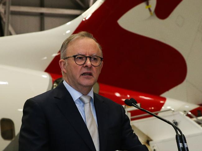 SYDNEY, AUSTRALIA  - AUGUST 14 2023: Prime Minister, Anthony Albanese gives a speech at the launch of the Qantas 'Yes' Campaign  in Sydney. Picture: NCA Newswire / Gaye Gerard