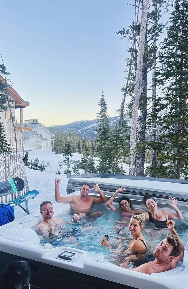 Luke and April Munro holidaying at Yellowstone Club Montana with Matt Damon, Luciana Barroso, Elsa Pataky and Chris Hemsworth this month. Source: Instagram.